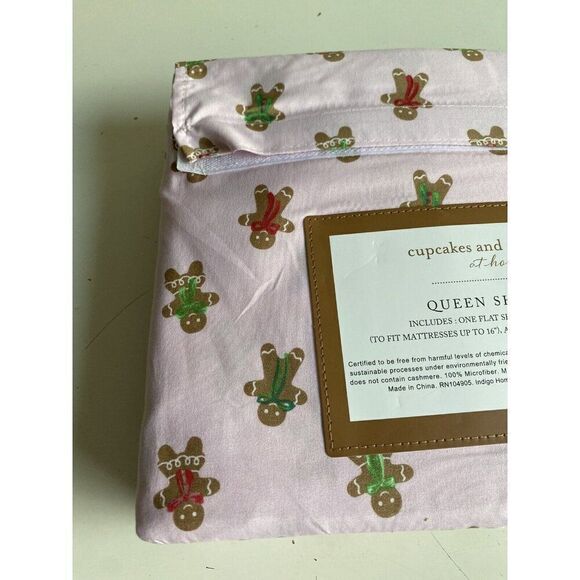 Cupcakes & Cashmere QUEEN SIZE Pink Gingerbread Cookie Christmas Sheet Set NEW - Picture 8 of 12